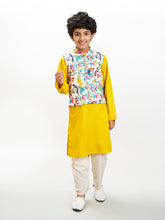 Boys yellow kurta & off white pajama with a multi print jacket