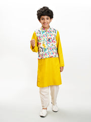 Boys yellow kurta & off white pajama with a multi print jacket