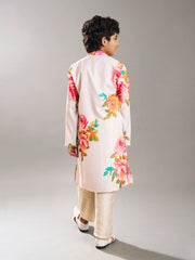 Bittu By Bhama - Boys off white floral printed  kurta with a off  white pajama