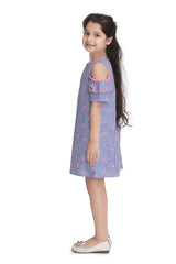 Cotton Blue Stripe and Cherry Print Cold Shoulder Dress with Ruffle Sleeve