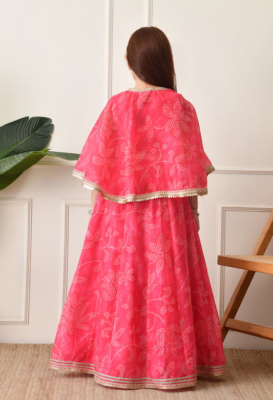 Girls’ Pink Printed Lehenga with Matching Cape and Crop Top Set
