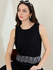 Women's Black Rayon Crepe Co-Ord Set with printed hemlines