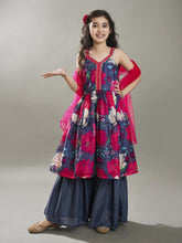 Girls Grey Floral Printed Empire Gotta Patti Kurta with Sharara & With Dupatta