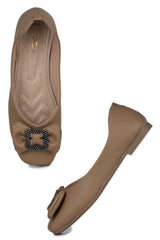 Beige Casual Ballerinas Square Toe Slip-On Flats