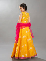 Girls Yellow Jacquard Booti Ready to Wear Lehenga & Choli with Dupatta