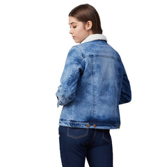 Women's Denim Jacket with Soft Warm Faux Fur Lining inside & Washed Pocket effect