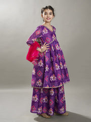 Girls Purple Ethnic motifs print design Kurta With Palazzos, Dupatta set