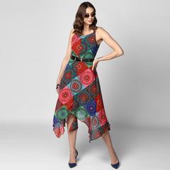 Women's Multi Colored Tile Print Asymmetric Dress