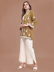Mustard Colored Silk Blend With Off White Thread Embroidered Tunic & Trouser Co ord Set