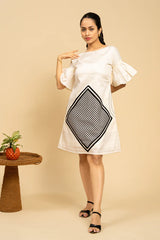 Women White And Black Checks Viscose Cotton A Line Short Dress