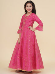 Silk Woven Three Fourth Sleeves Self Design Fit And Flare Ethnic Dress - Pink