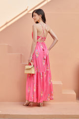 Hot Pink Tiered Fit Satin Maxi Dress