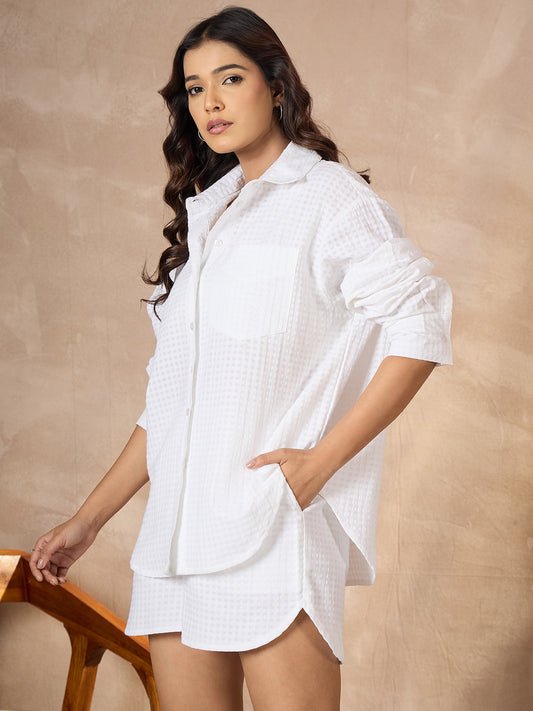 StyleStone Women's Oversized White Seer Sucker Shirt & Shorts Set