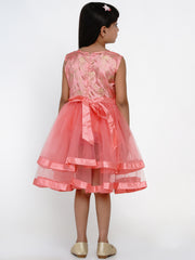 Silk Woven Sleeveless Foli Print Flared Frock - Peach