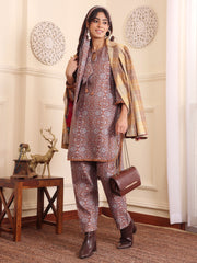 Women Camel Brown Printed Winter High-Low Co-Ord Set
