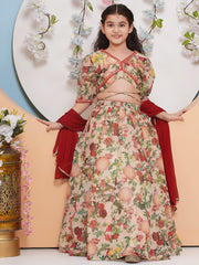Girls Beige & Red Flower Printededed Ready to wear Lehenga & choli