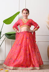 Girls Pink Printed Lehenga Choli Set with Dupatta Festive Ethnic Wear