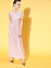 Women Bright Pink Solid Pleated Form Dress