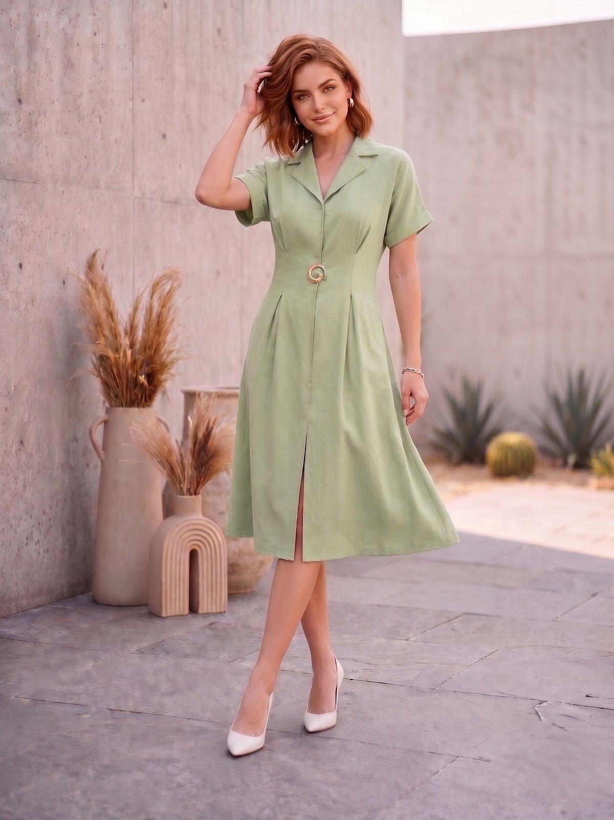 Sea Green Lapel Collar Embellished Dress-ADR-21220