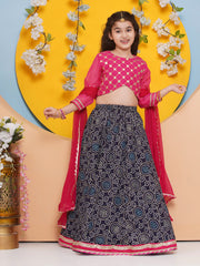 Girls Pink with Embroidered Choli, Navy Blue Bandhani Print Lace work Lehenga with Dupatta