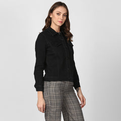Women's Solid Black Denim Jacket