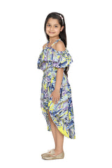 Blue and Yellow Printed Jumpsuit with Shorts and Trail