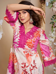 Off White Pink Multi Colour Floral Printed Kurta set.