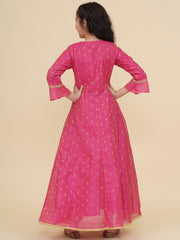 Silk Woven Three Fourth Sleeves Self Design Fit And Flare Ethnic Dress - Pink