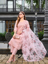 Peach color pure cotton with thread embroidered kurta & trouser with printed dupatta set