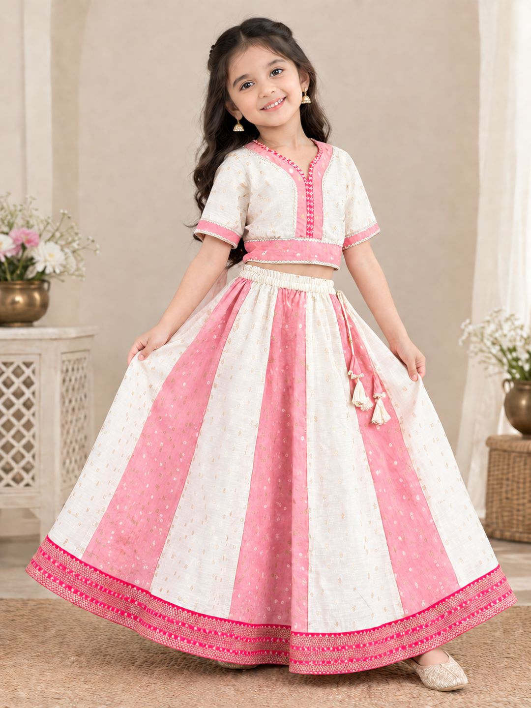 Girls Off White & Green Woven Design Embroidered Patti Lehenga, Choli, Dupatta