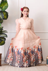Girls Peach Peacock Print Lehenga Set with Puff Sleeve Blouse