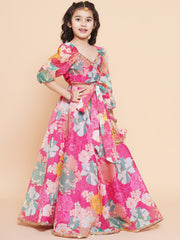 Girls Pink Flower Digital Multi Print Lace work Choli with Ready to wear Lehenga.