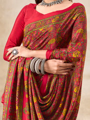 ساري نسائي أحمر مطبوع من الكريب مع قطعة بلوزة