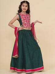 Boho Design Girls Pink Embroidered Choli Green Ready to Wear Lehenga With Dupatta