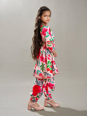 Girls Peach Multi Floral Printed Cotton Kurta with Trousers set