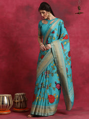 ساري نسائي أزرق مطبوع مطبوع من مزيج القطن مع قطعة بلوزة