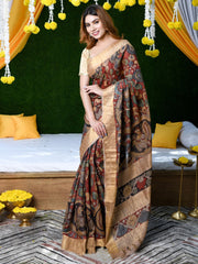 Women's Cotton Linen Brown Printed Designer Saree With Blouse Piece