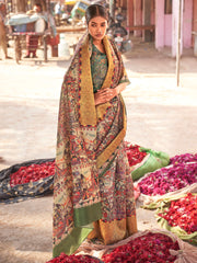 ساري نسائي بيج مطبوع من مزيج الحرير مع قطعة بلوزة