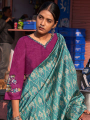 ساري نسائي أزرق مطبوع من مزيج الحرير مع قطعة بلوزة