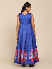 Poly Blends Woven Sleeveless Flower Print Flared Frock - Blue