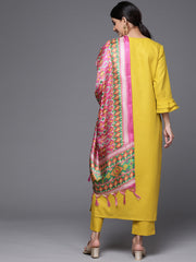 Women Yellow Yoke Design Kurta with Trousers and Dupatta Set
