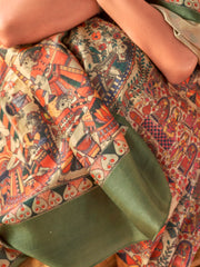 ساري نسائي بيج مطبوع من مزيج الحرير مع قطعة بلوزة