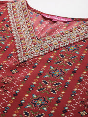 Varanga - Women Red Printed V - Neck Embroidered Kurta With Bottom And Dupatta