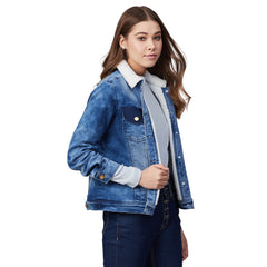 Women's Denim Jacket with Soft Warm Faux Fur Lining inside & Washed Pocket effect