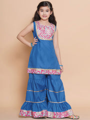 Girls Blue Solid Kurta with Sharara