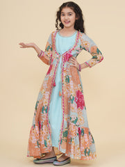Silk Woven Three Fourth Sleeves Floral Print Fit And Flare Ethnic Dress With Jacket - Sea Green