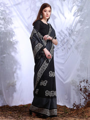 ساري نسائي أسود مطبوع من حرير بهجالبوري مع قطعة بلوزة