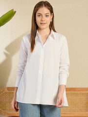 Women's White Cotton Lose Fit HiLo Shirt