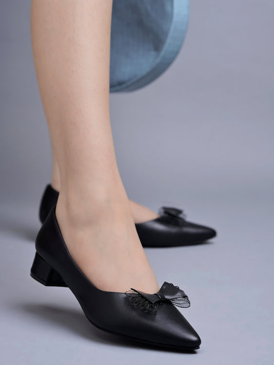 Shoetopia - Pointed Toe Bow Detailed Black Bellies For Women & Girls
