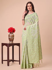 Banarasi Cotton Saree with Floral Zari Work and Traditional Pallu - Elegant Ethnic Wear for Festivals & Ceremonies